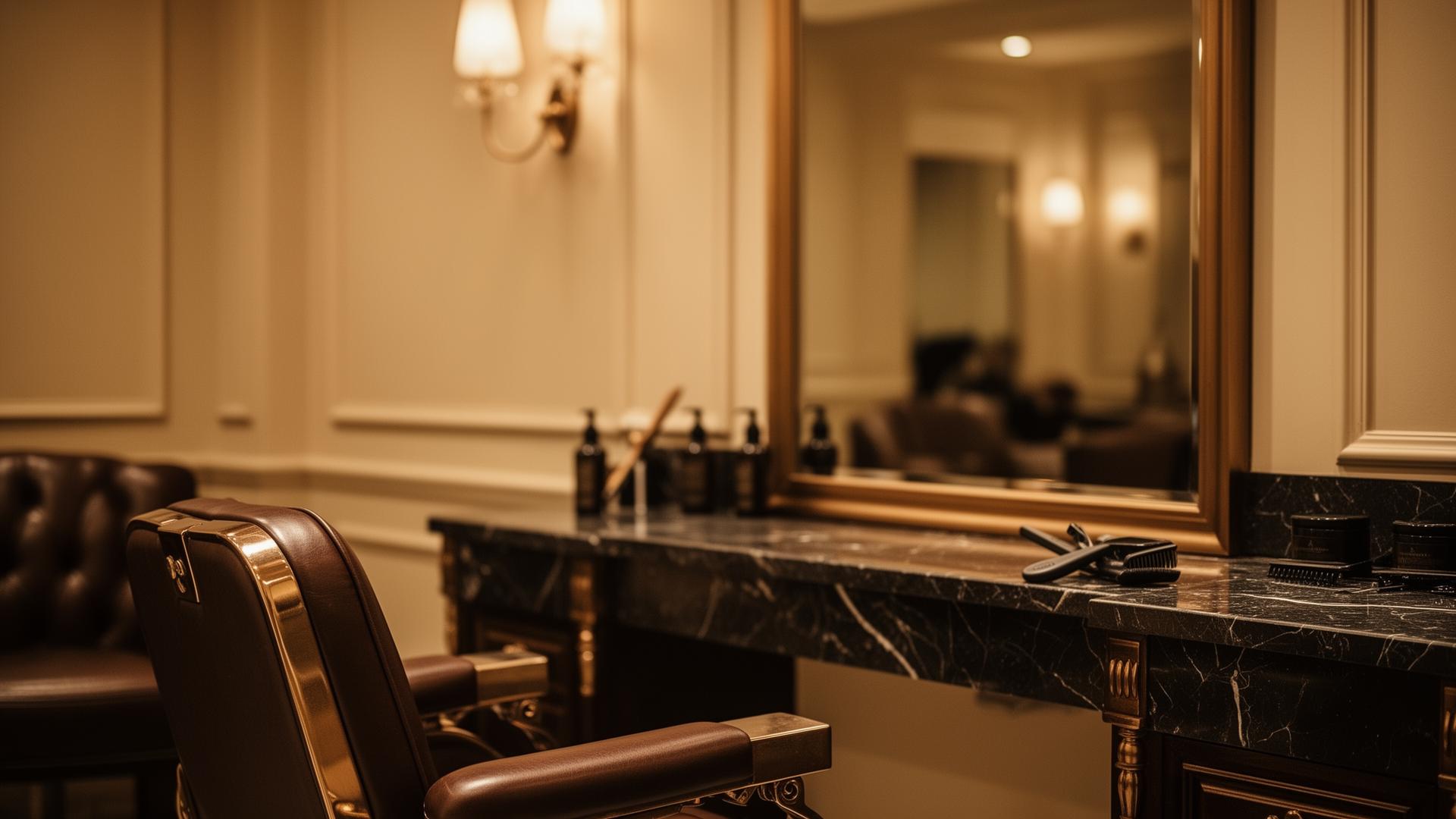 Premium barber lounge interijer s toplim svjetlom i tamnim mramorom